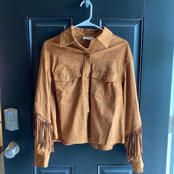Fringed Suede Button-Front Jacket in Cognac - Picture 4 of 10
